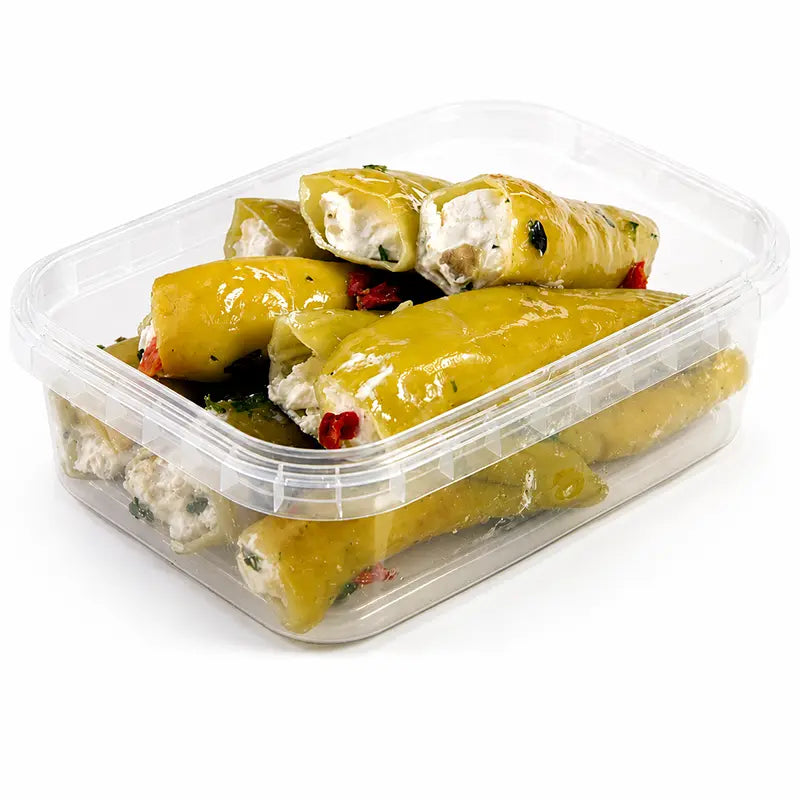 Gefüllte Peperoni mit Frischkäse in transparenter Frischeschale – Antipasti-Spezialität von Antipasti-Versand.de, gekühlt verpackt und versandfertig