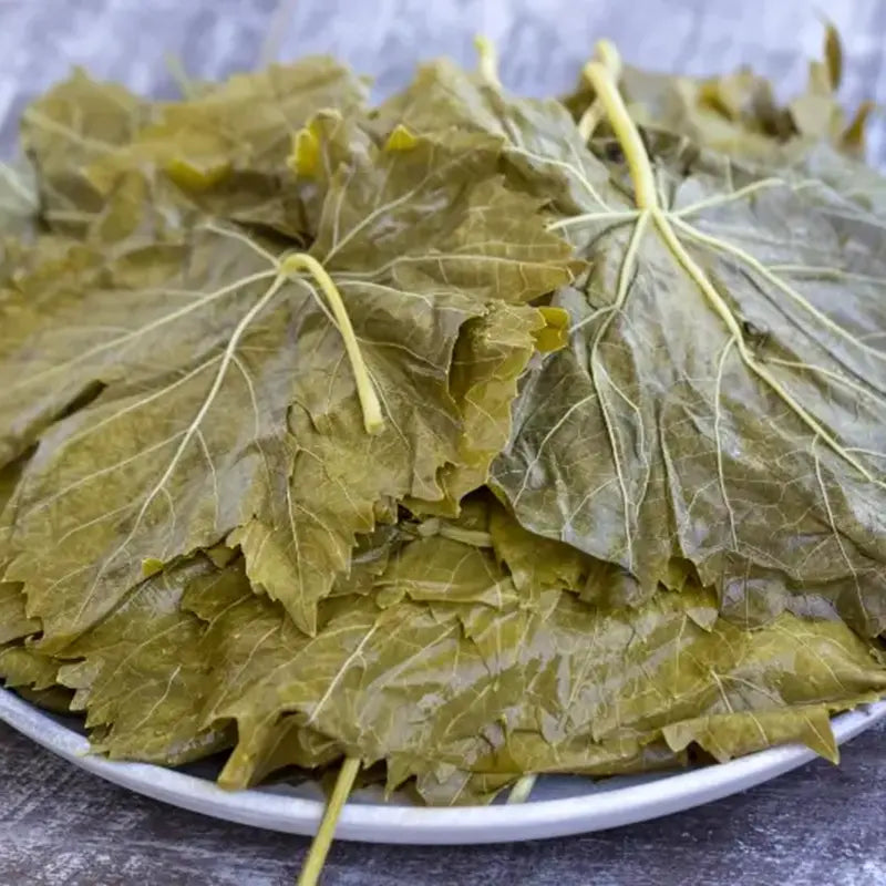 Frische Weinblätter mit Stiel gestapelt – Grundlage für gefüllte Weinblätter (Dolmades)