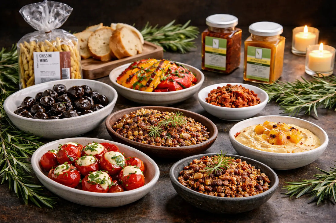 Vielfalt mediterraner Antipasti in Schalen mit frischen Kräutern