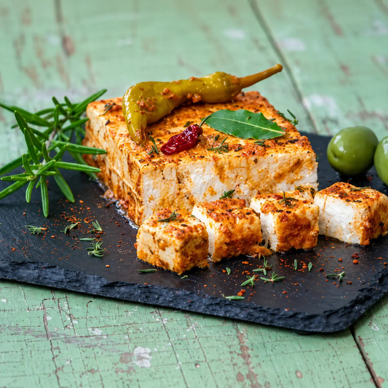 Pikant eingelegter Schafskäse von Antipasti-Versand auf Schieferplatte mit Chili, Rosmarin und grünen Oliven