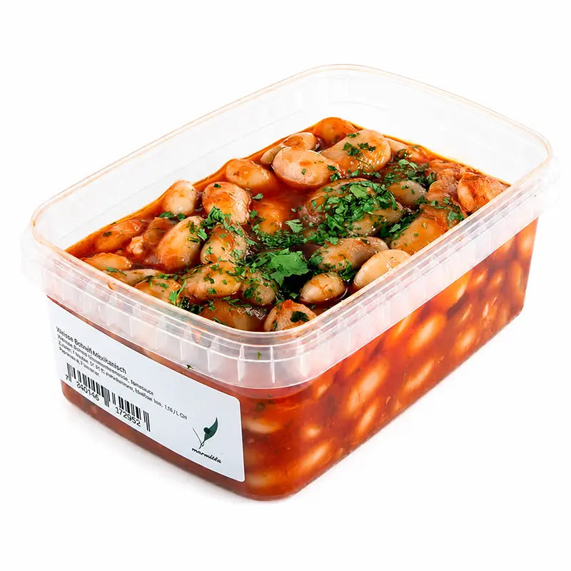 Griechische Riesenbohnen in Tomatensauce, verpackt in der Frischebox
