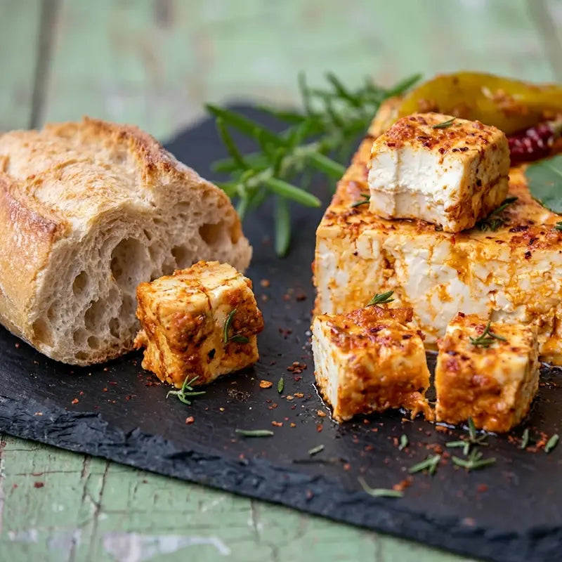 Pikanter Schafskäse in Würfeln neben frischem Baguette mit Kräutern