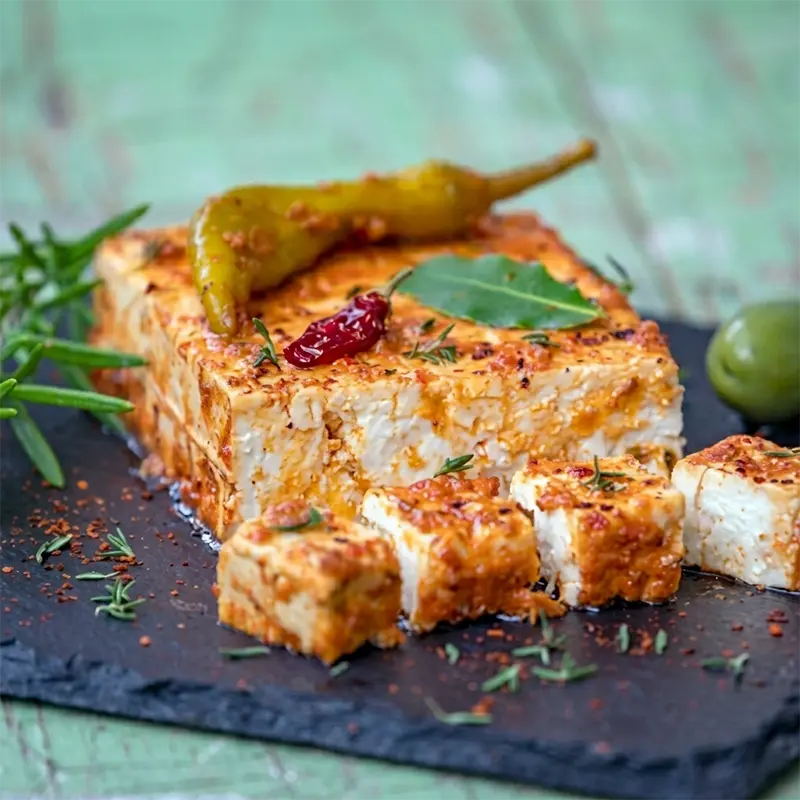 Pikanter Schafskäse in Würfeln mit Kräutern, Peperoni und Oliven