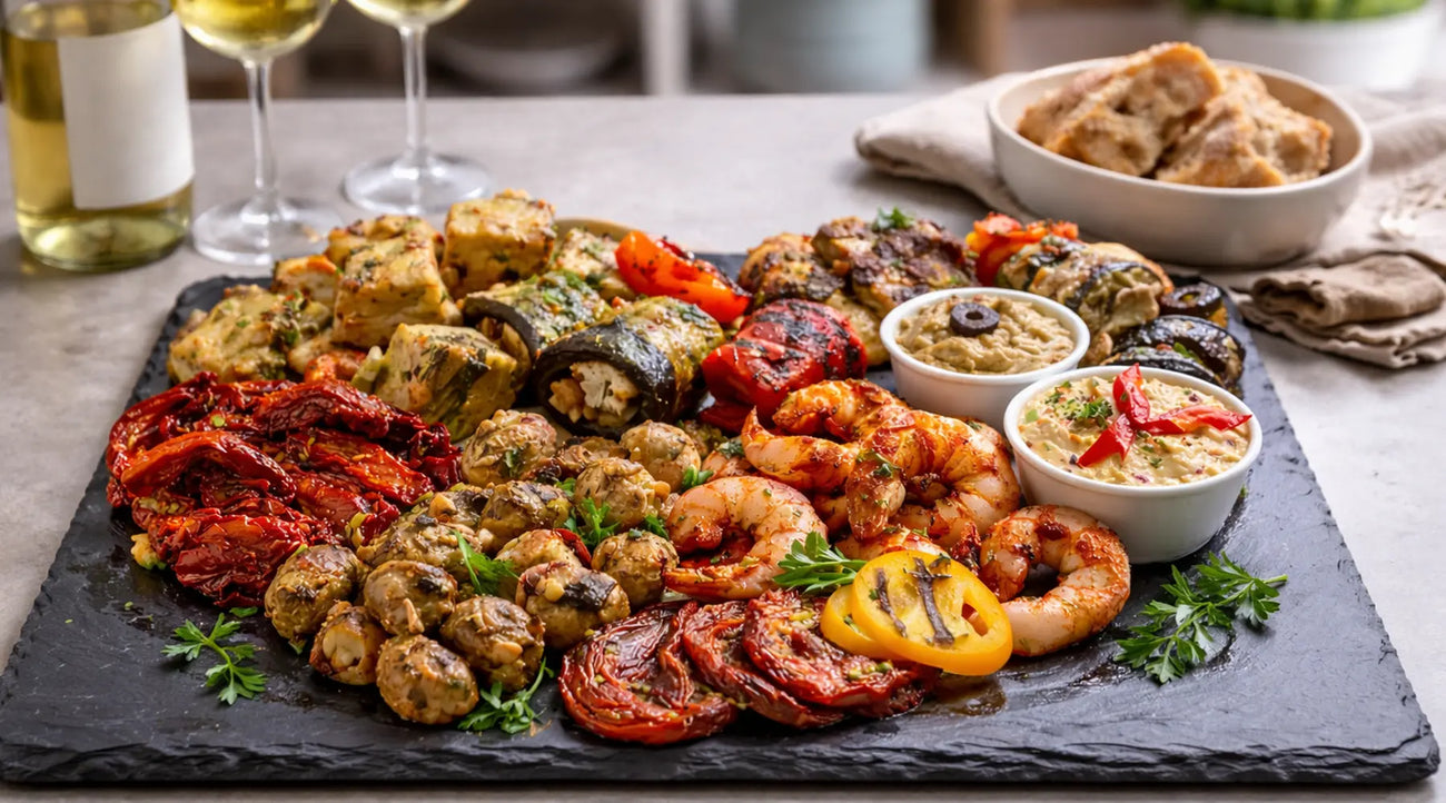 Servierfertige Antipasti-Platte mit gegrilltem Gemüse und Garnelen auf Schiefer